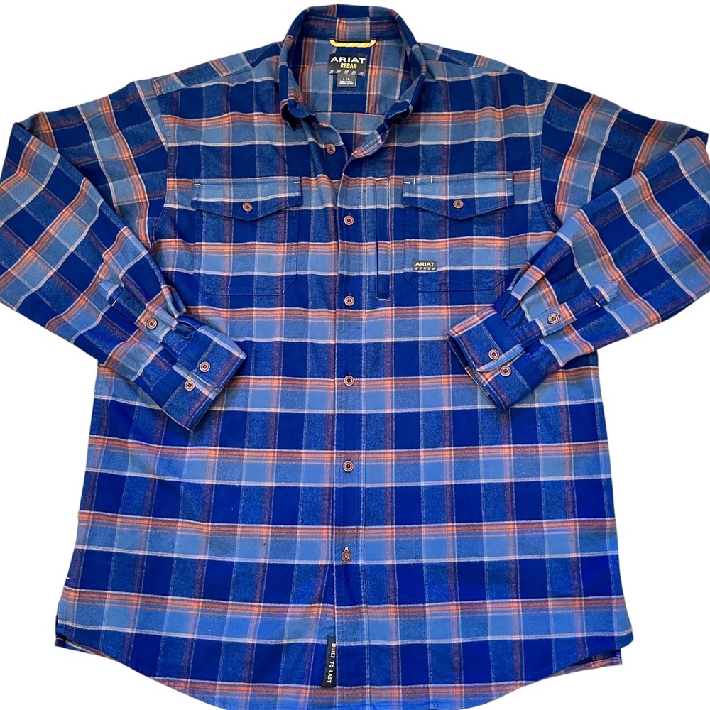 Ariat Rebar Flannel Shirt Mens Large Blue Excellent Outdoors Plaid Workwear